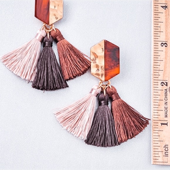 Jewelry - Gold Plated Acrylic Stud Tassel Earring Brown Pink